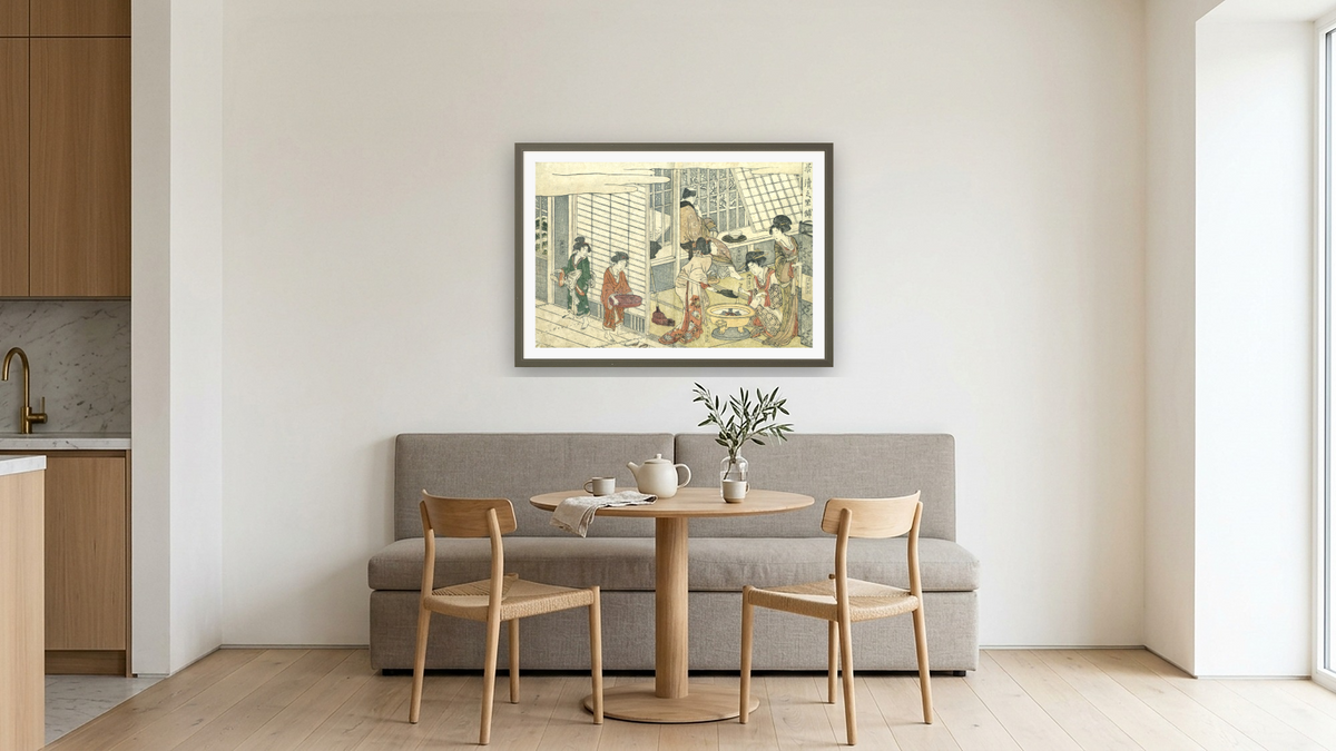 House of Ichizuke by Kitagawa Utamaro, shown at 28 × 42 in (71.1 × 106.7 cm) in Ramino Satin Black, kitchen