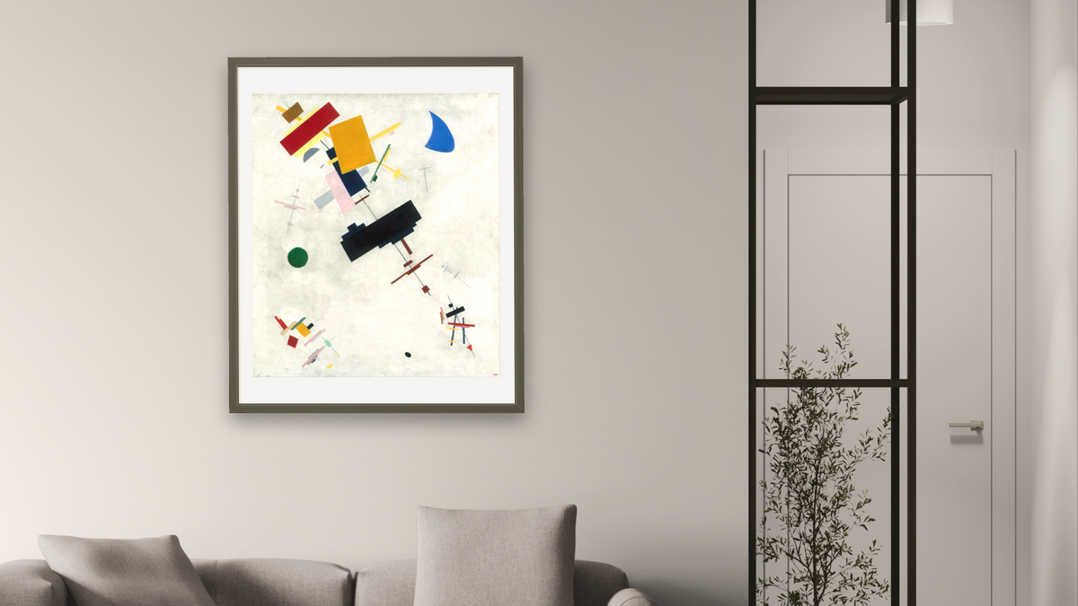 Suprematism by Kazimir Malevich, shown at 32 × 40 in (81.3 × 101.6 cm) in Ramino Satin Black, living