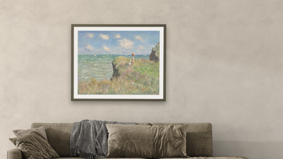Cliff Walk at Pourville by Claude Monet, shown at 32 × 40 in (81.3 × 101.6 cm) in Ramino Satin Black, living