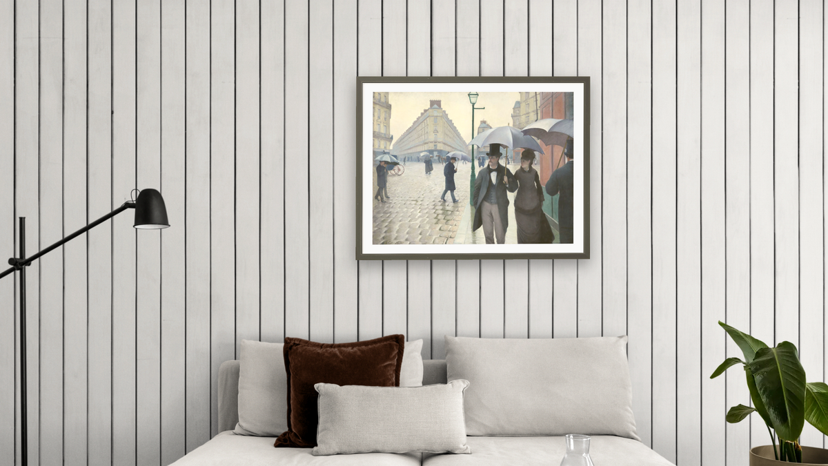 Paris Street in Rainy Weather by Gustave Caillebotte, shown at 30 × 40 in (76.2 × 101.6 cm) in Ramino Satin Black, living