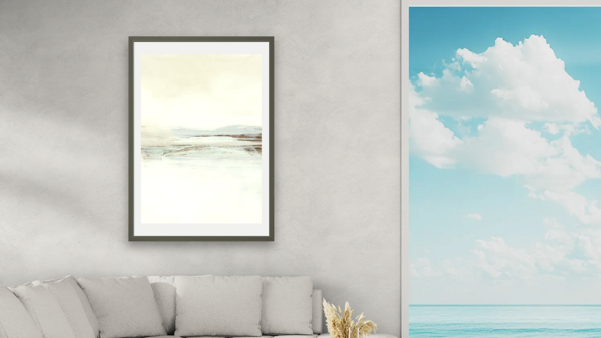Calm Set 1 by Dan Hobday, shown at 28 × 42 in (71.1 × 106.7 cm) in Ramino Satin Black, living