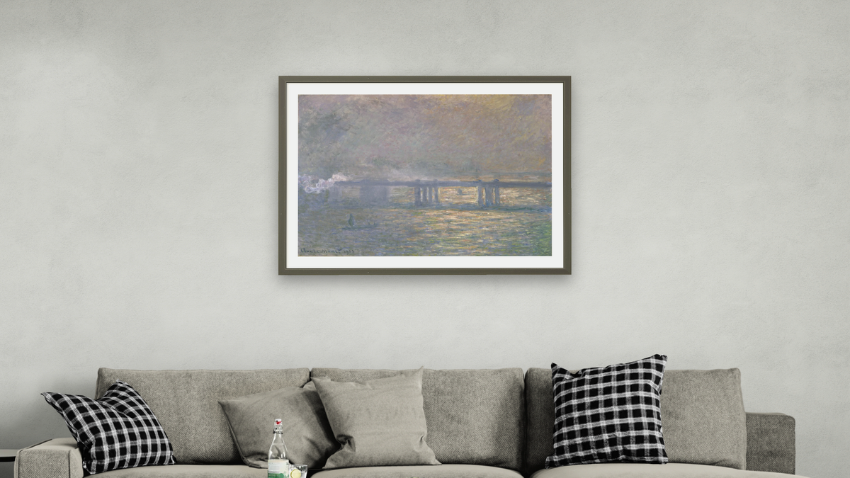 Charing Cross Bridge by Claude Monet, shown at 30 × 40 in (76.2 × 101.6 cm) in Ramino Satin Black, living