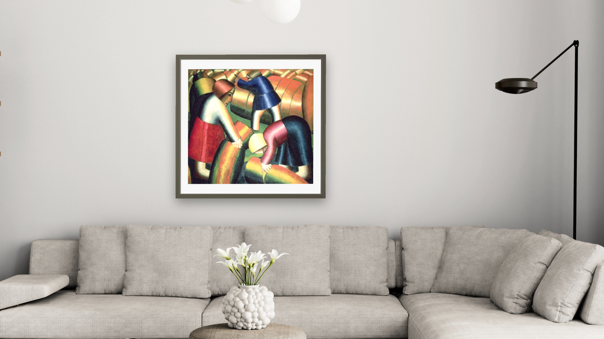 Taking in the Rye by Kazimir Malevich, shown at 32 × 32 in (81.3 × 81.3 cm) in Ramino Satin Black, living