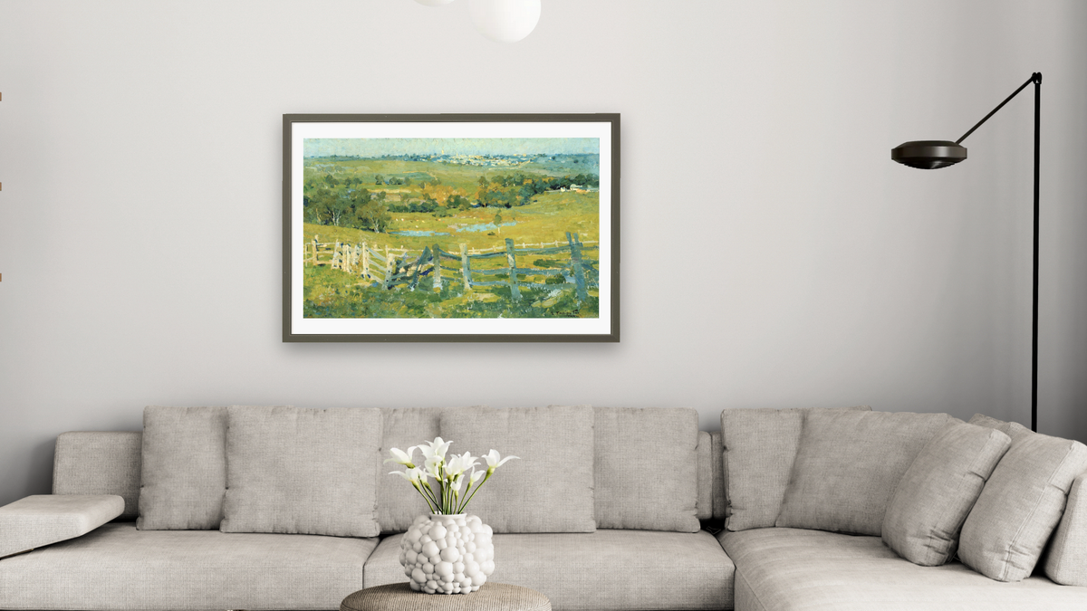 Heidelberg by E. Phillips Fox, shown at 28 × 42 in (71.1 × 106.7 cm) in Ramino Satin Black, living