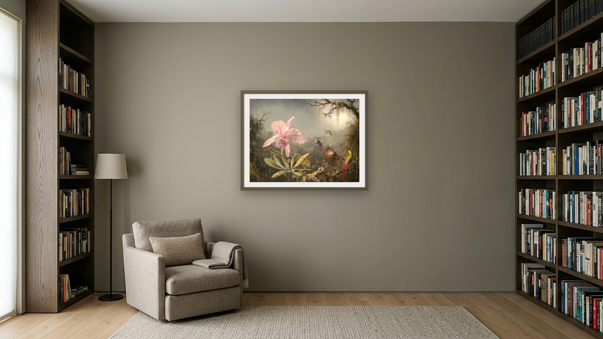 Cattleya Orchid and Three Hummingbirds by Martin Johnson Heade, shown at 30 × 40 in (76.2 × 101.6 cm) in Ramino Satin Black, library