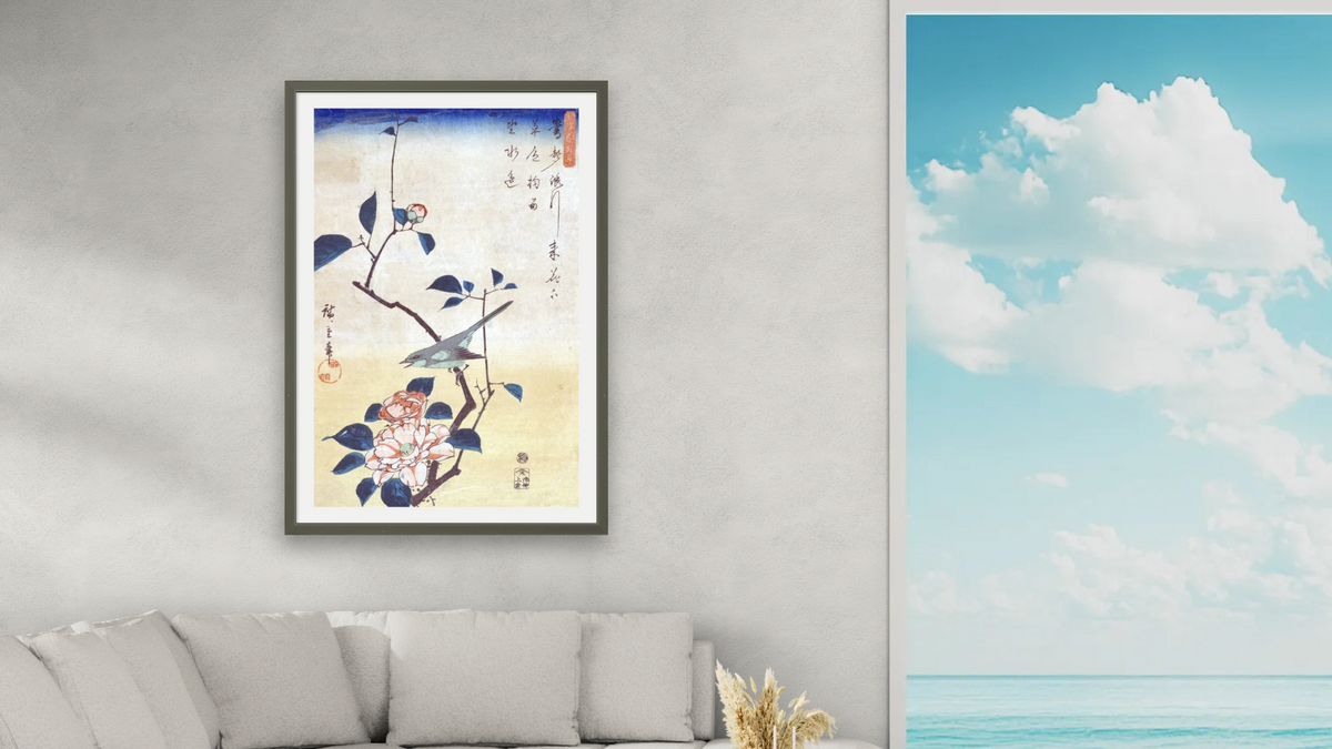 Tsubaki ni Uguisu (Camellia and Bush Warbler) by Andō Hiroshige, shown at 28 × 42 in (71.1 × 106.7 cm) in Ramino Satin Black, living