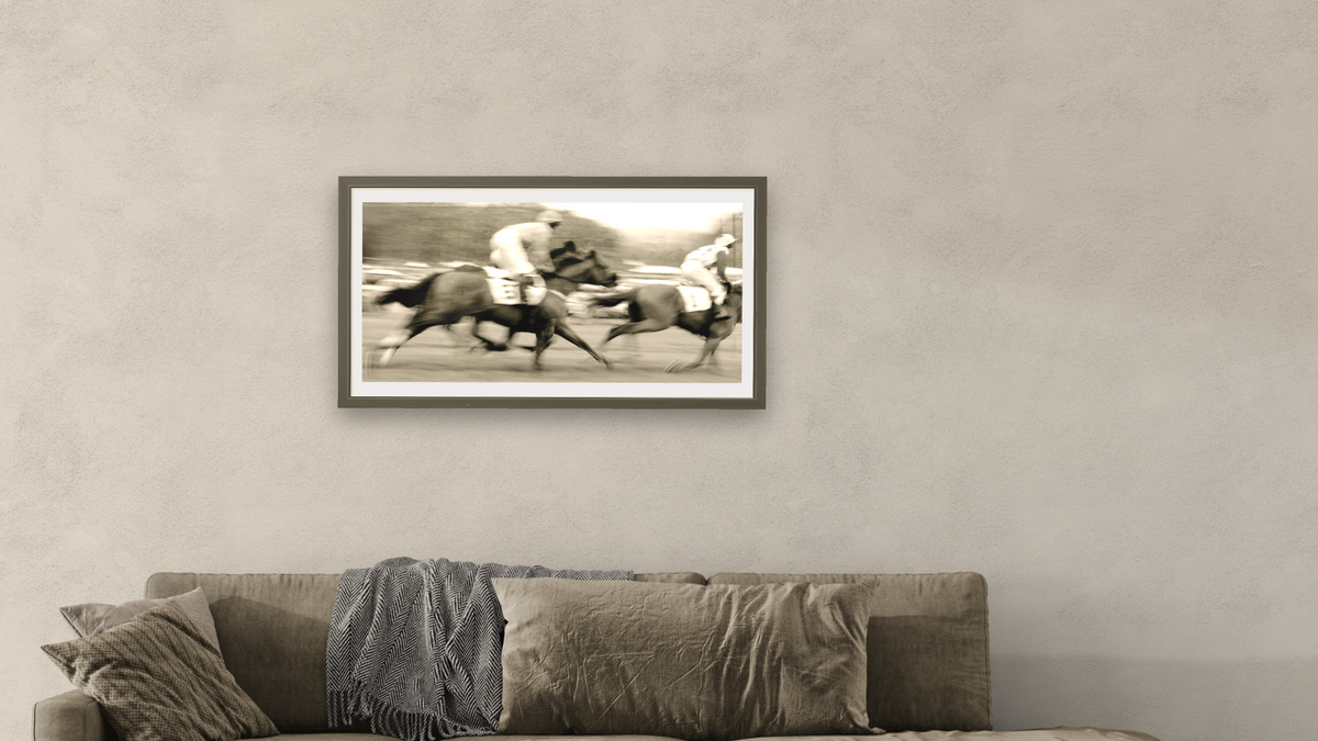 Steeple Chase 1 by Brandon Luther, shown at 20 × 40 in (50.8 × 101.6 cm) in Ramino Satin Black, living