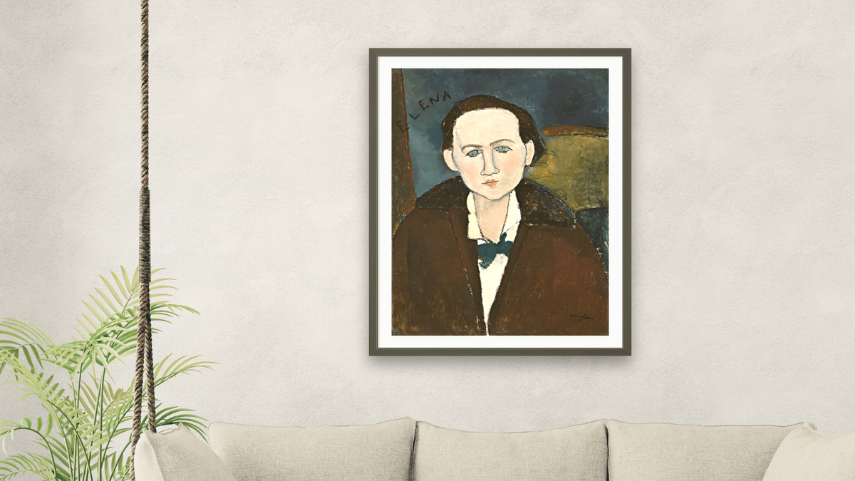 Elena Pavlowski by Amedeo Modigliani, shown at 30 × 40 in (76.2 × 101.6 cm) in Ramino Satin Black, living