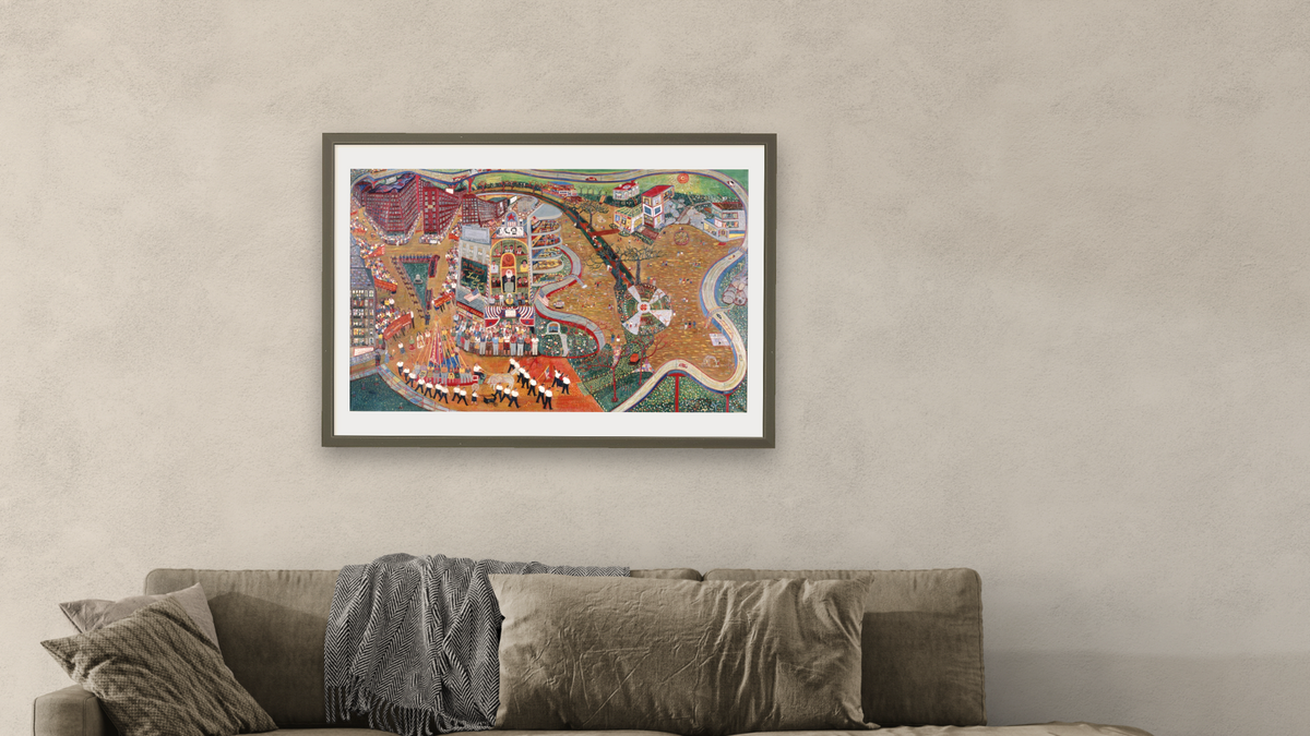 May Day by Ralph Fasanella, shown at 28 × 42 in (71.1 × 106.7 cm) in Ramino Satin Black, living