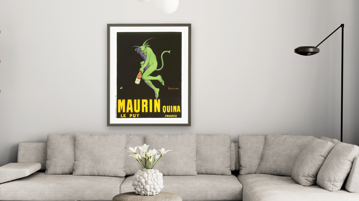 Maurin Quina by Leonetto Cappiello, shown at 30 × 40 in (76.2 × 101.6 cm) in Ramino Satin Black, living