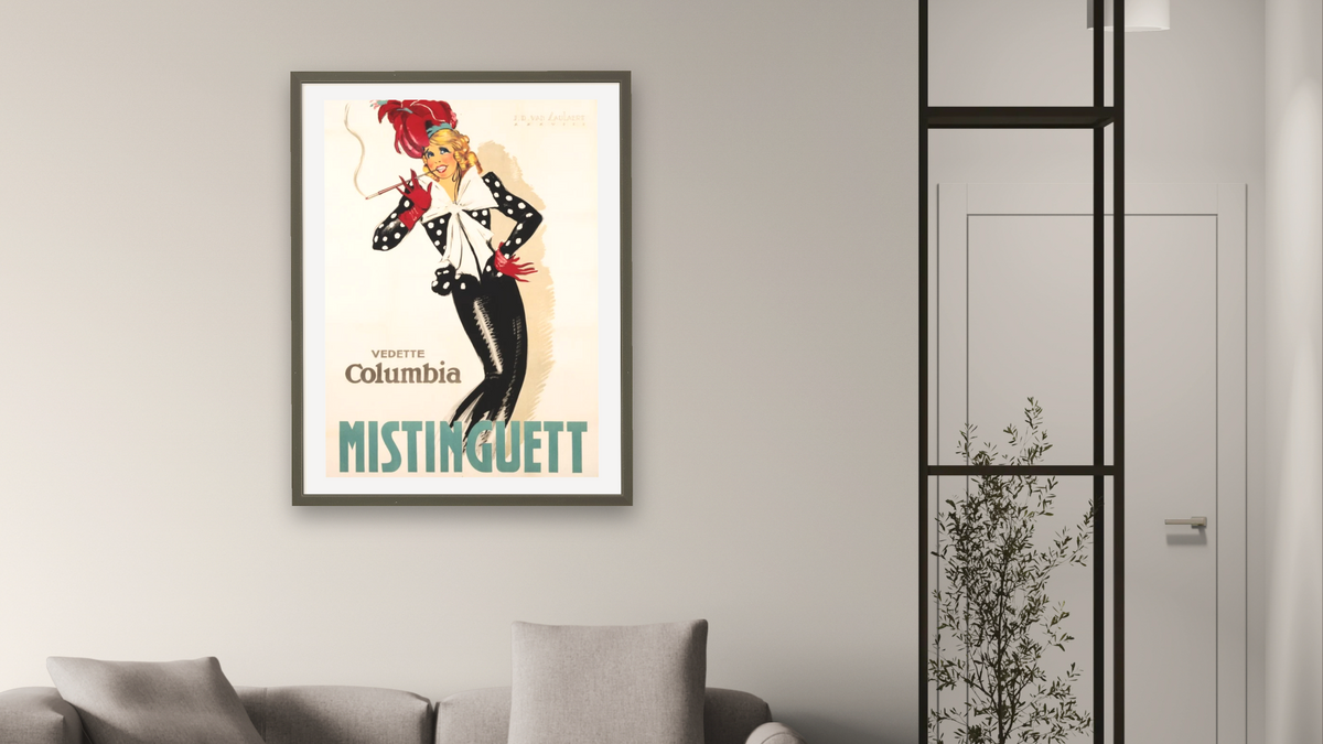Vedette Columbia Mistinguett Poster by Jean Dominique van Caulaert, shown at 30 × 40 in (76.2 × 101.6 cm) in Ramino Satin Black, living