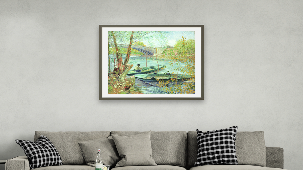 Fishing in the Spring. Pont de Clichy by Vincent van Gogh, shown at 32 × 40 in (81.3 × 101.6 cm) in Ramino Satin Black, living