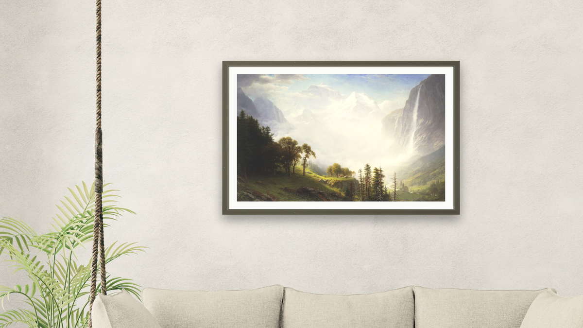 Majesty of the Mountains by Albert Bierstadt, shown at 28 × 42 in (71.1 × 106.7 cm) in Ramino Satin Black, living