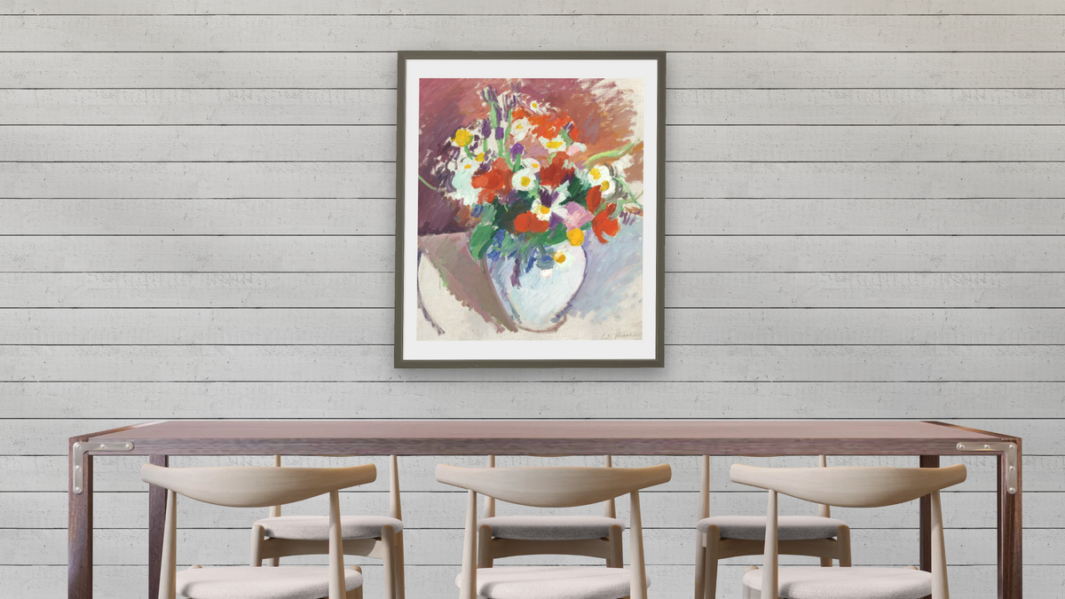 Still Life: Flowers in a Vase by Patrick Henry Bruce, shown at 32 × 40 in (81.3 × 101.6 cm) in Ramino Satin Black, dining