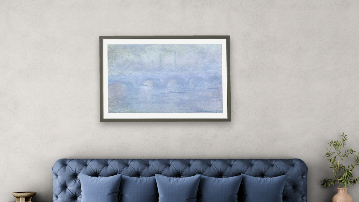 Waterloo Bridge: Effect of the Mist by Claude Monet, shown at 28 × 42 in (71.1 × 106.7 cm) in Ramino Satin Black, bedroom