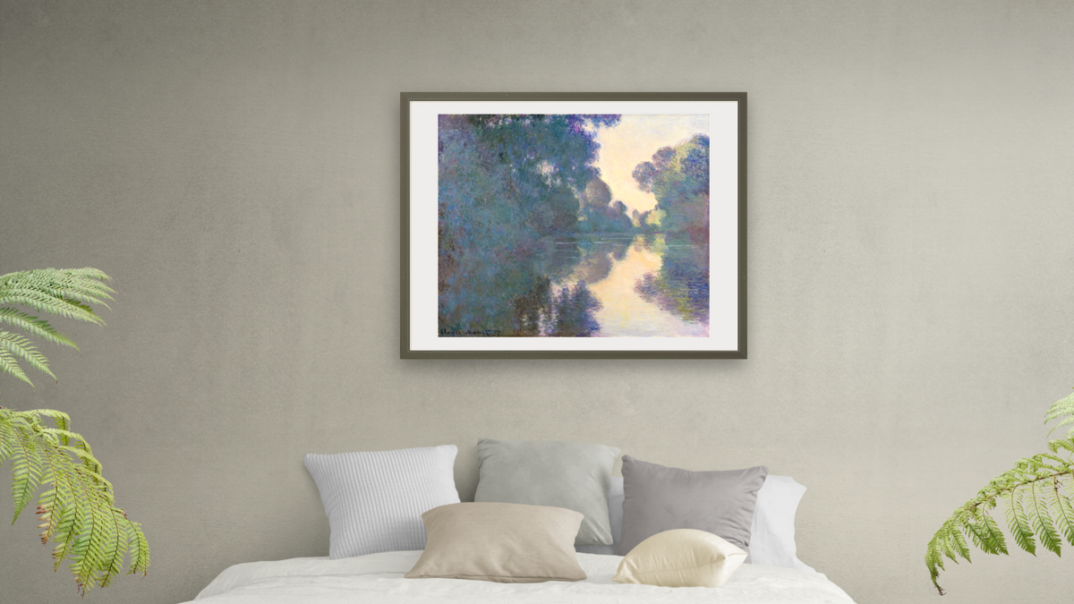 Morning on the Seine near Giverny by Claude Monet, shown at 32 × 40 in (81.3 × 101.6 cm) in Ramino Satin Black, bedroom