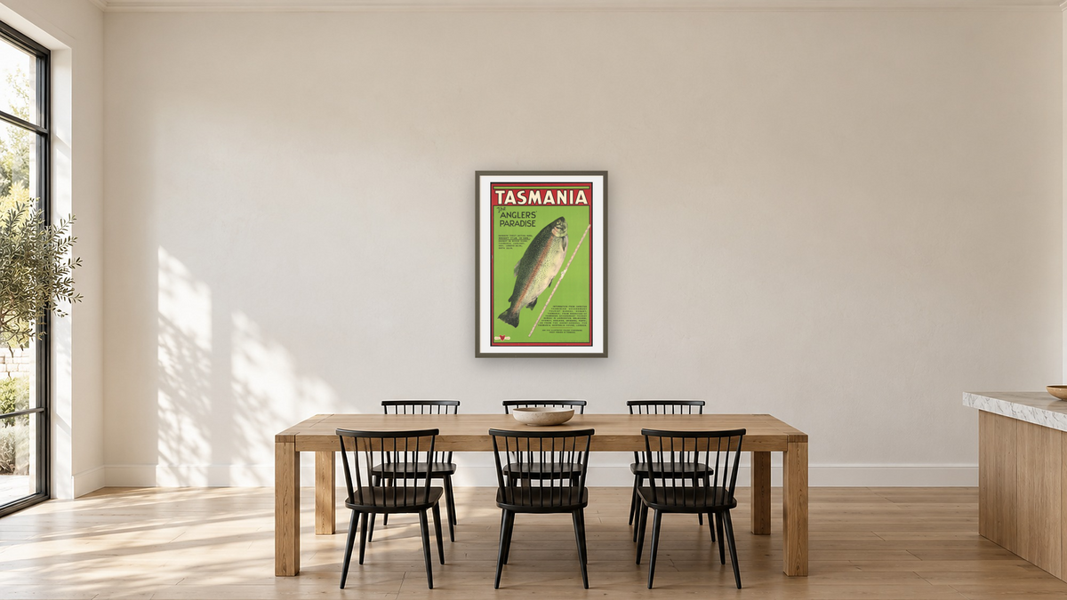 BPL Travel Posters, shown at 28 × 42 in (71.1 × 106.7 cm) in Ramino Satin Black, kitchen