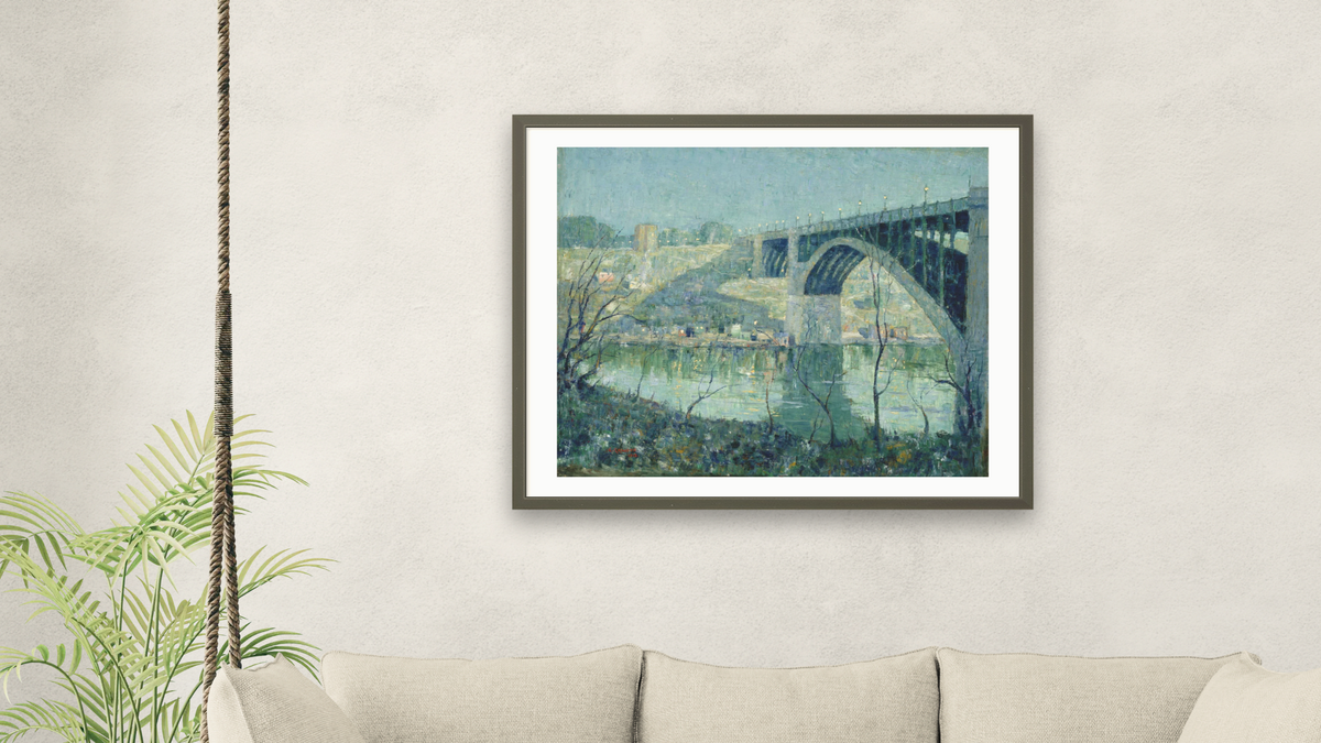 Spring Night, Harlem River by Ernest Lawson, shown at 32 × 40 in (81.3 × 101.6 cm) in Ramino Satin Black, living