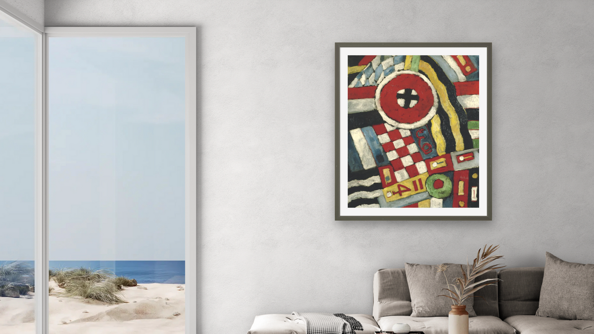 Berlin Abstraction by Marsden Hartley, shown at 32 × 40 in (81.3 × 101.6 cm) in Ramino Satin Black, living