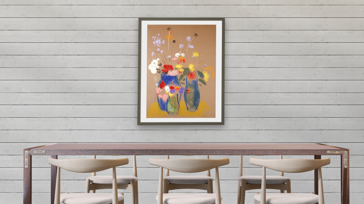 Three Vases of Flowers by Odilon Redon, shown at 30 × 40 in (76.2 × 101.6 cm) in Ramino Satin Black, dining