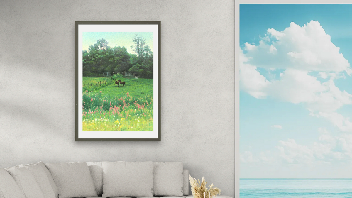 Horses in Field by Kirsten Söderlind, shown at 28 × 42 in (71.1 × 106.7 cm) in Ramino Satin Black, living