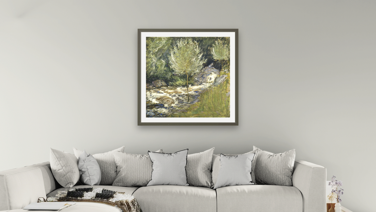 Horseneck Falls, Greenwich, Connecticut by John Henry Twachtman, shown at 32 × 32 in (81.3 × 81.3 cm) in Ramino Satin Black, living