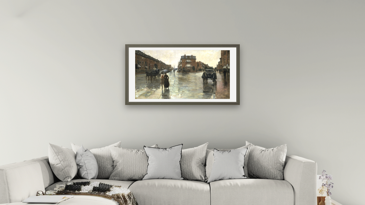 Rainy Day, Boston by Childe Hassam, shown at 20 × 40 in (50.8 × 101.6 cm) in Ramino Satin Black, living
