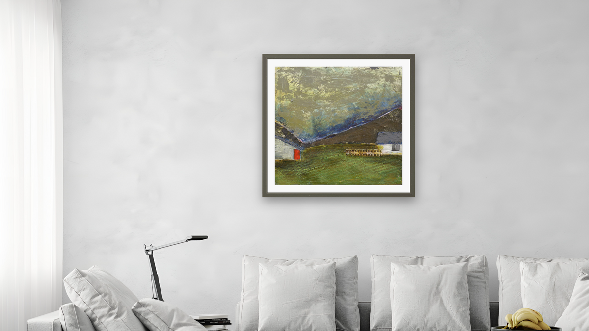 Dusk in Slieves League by Dobee Snowber, shown at 32 × 32 in (81.3 × 81.3 cm) in Ramino Satin Black, living