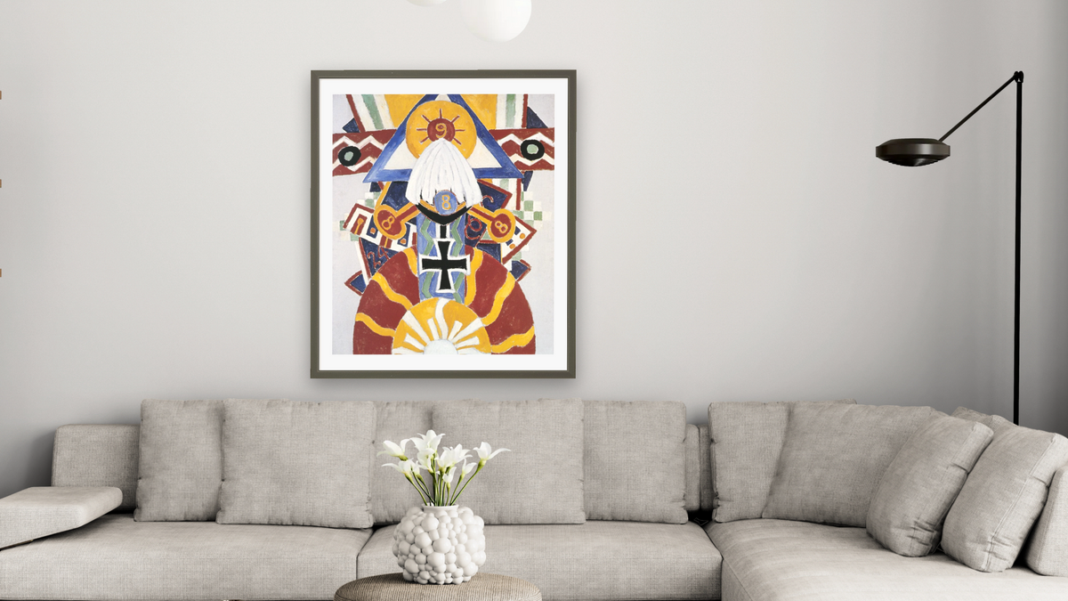 Painting Number 49, Berline by Marsden Hartley, shown at 32 × 40 in (81.3 × 101.6 cm) in Ramino Satin Black, living