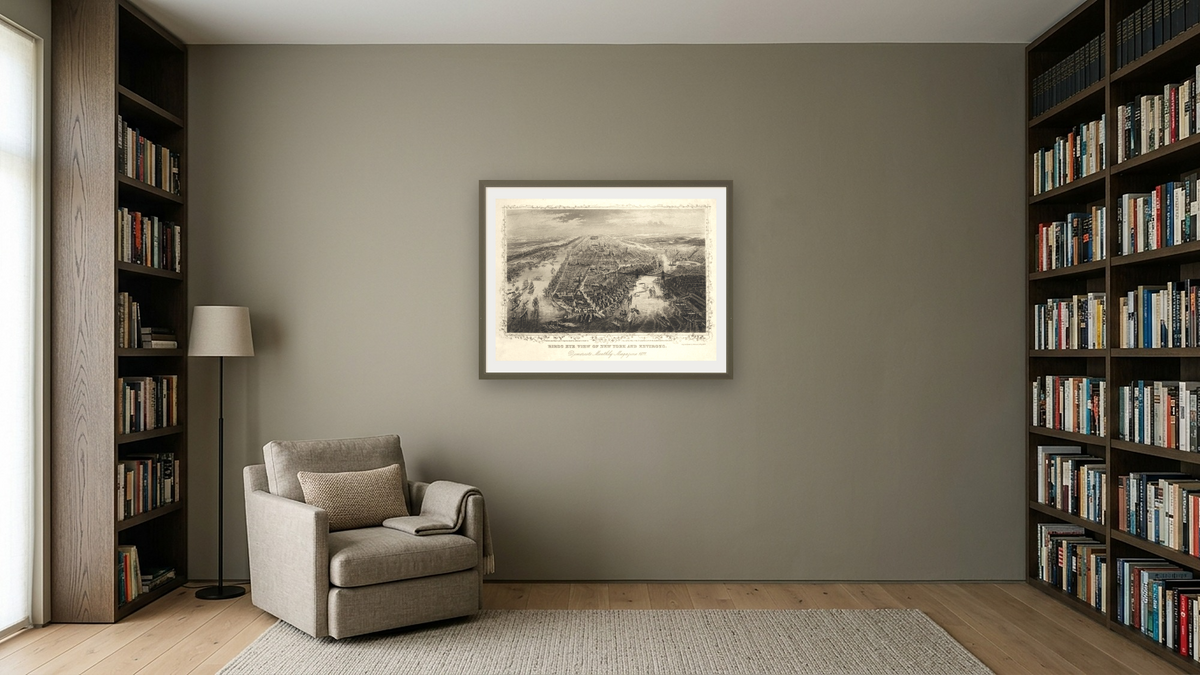 Birds eye view of New York and environs, shown at 30 × 40 in (76.2 × 101.6 cm) in Ramino Satin Black, library