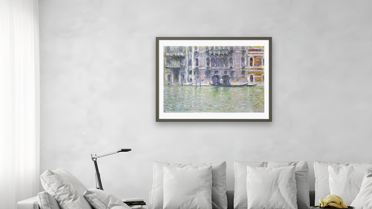 Le Palais Da Mula by Claude Monet, shown at 30 × 40 in (76.2 × 101.6 cm) in Ramino Satin Black, living