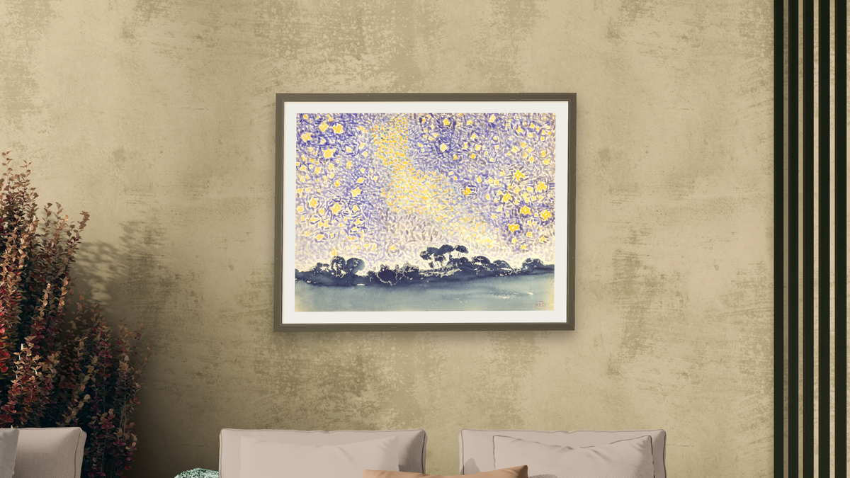 Landscape with Stars by Henri Edmond Cross, shown at 30 × 40 in (76.2 × 101.6 cm) in Ramino Satin Black, living