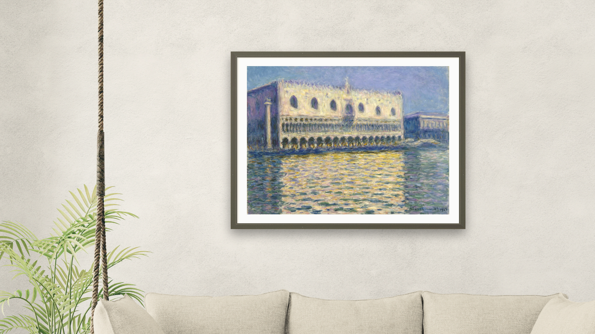 The Doge’s Palace by Claude Monet, shown at 32 × 40 in (81.3 × 101.6 cm) in Ramino Satin Black, living