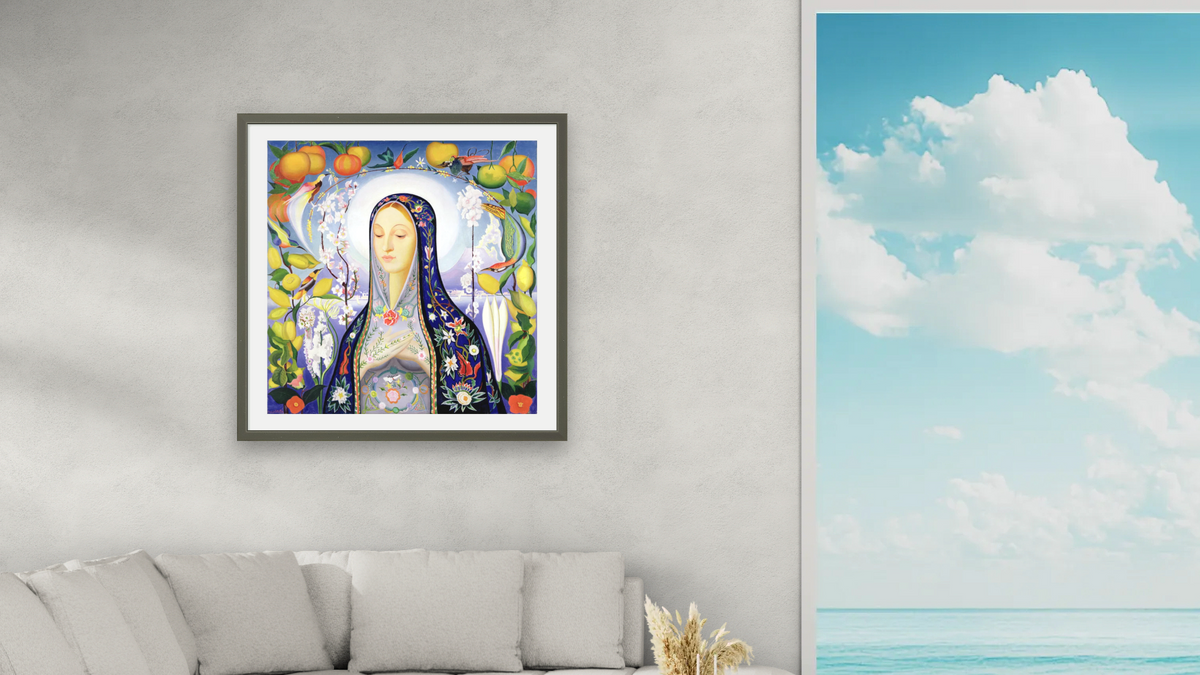 The Virgin by Joseph Stella, shown at 32 × 32 in (81.3 × 81.3 cm) in Ramino Satin Black, living