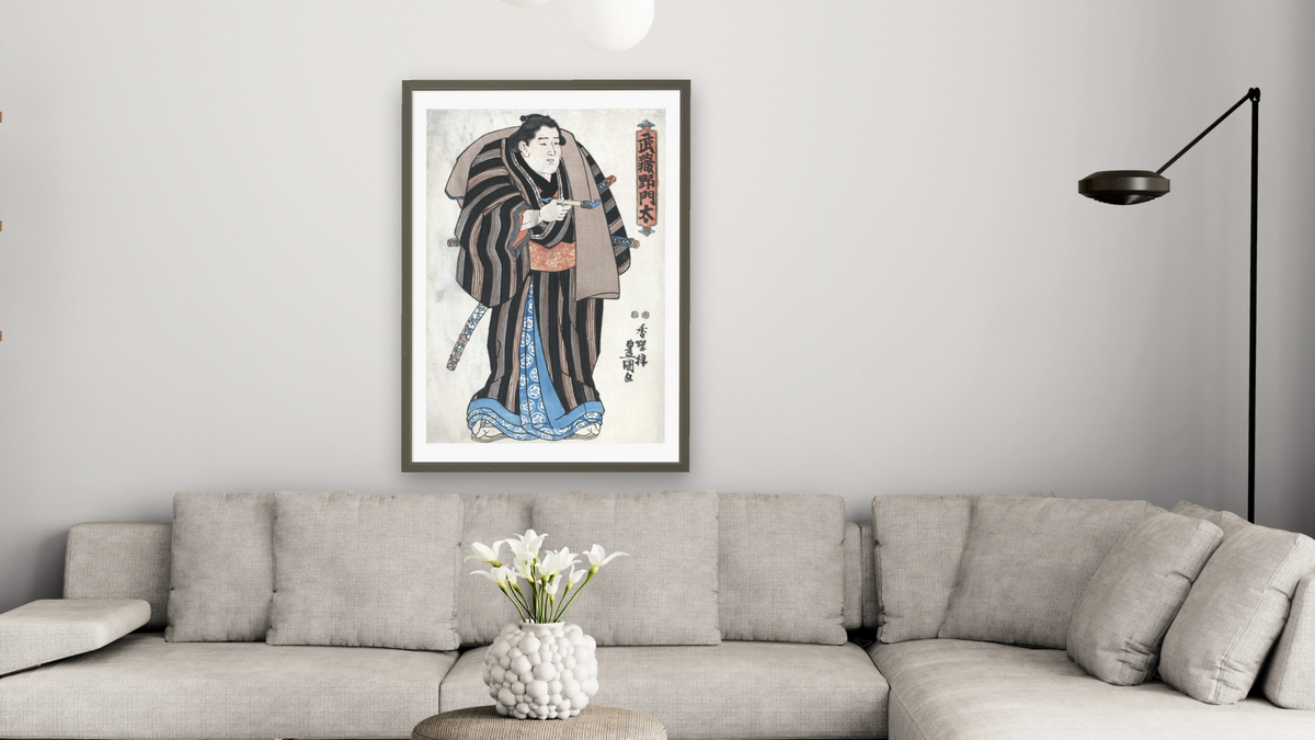 The sumo wrestler Musashino Monta by Utagawa Toyokuni, shown at 28 × 42 in (71.1 × 106.7 cm) in Ramino Satin Black, living