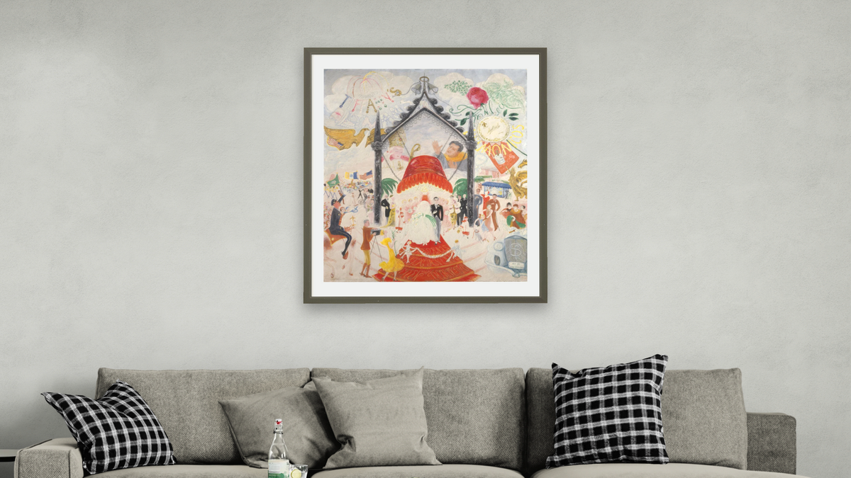 The Cathedrals of Fifth Avenue by Florine Stettheimer, shown at 32 × 40 in (81.3 × 101.6 cm) in Ramino Satin Black, living