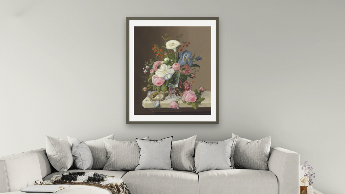 Early Summer Flowers in a Celery Glass by Severin Roesen, shown at 32 × 40 in (81.3 × 101.6 cm) in Ramino Satin Black, living
