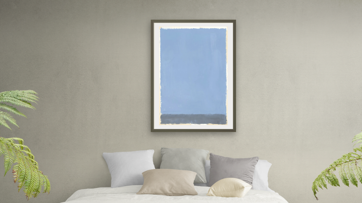 Untitled by Mark Rothko, shown at 28 × 42 in (71.1 × 106.7 cm) in Ramino Satin Black, bedroom