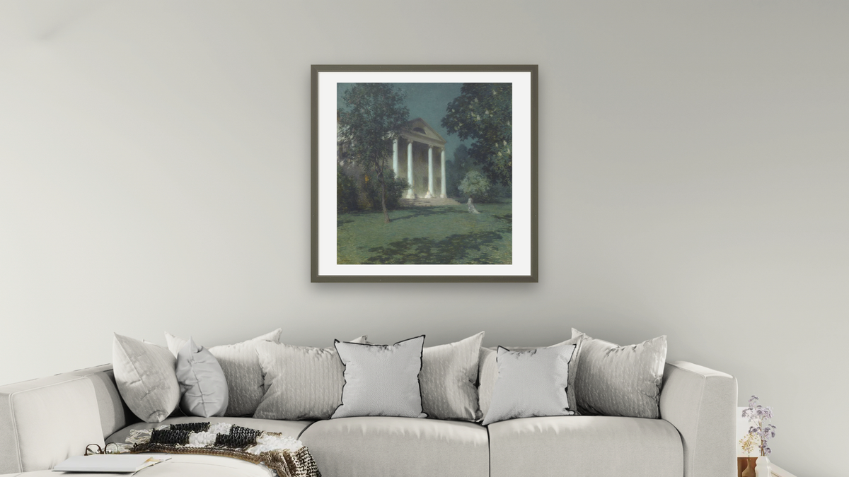 May Night by Willard LeRoy Metcalf, shown at 32 × 32 in (81.3 × 81.3 cm) in Ramino Satin Black, living