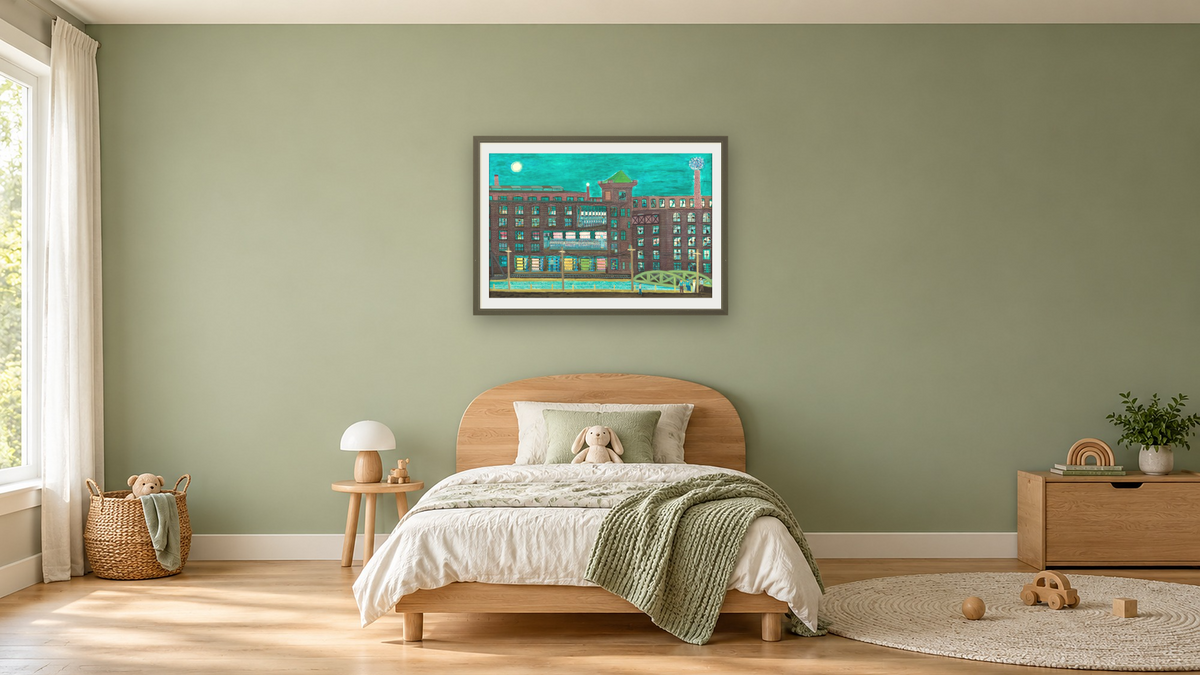 Mill Workers - Night Shift #2 by Ralph Fasanella, shown at 28 × 42 in (71.1 × 106.7 cm) in Ramino Satin Black, kids' room