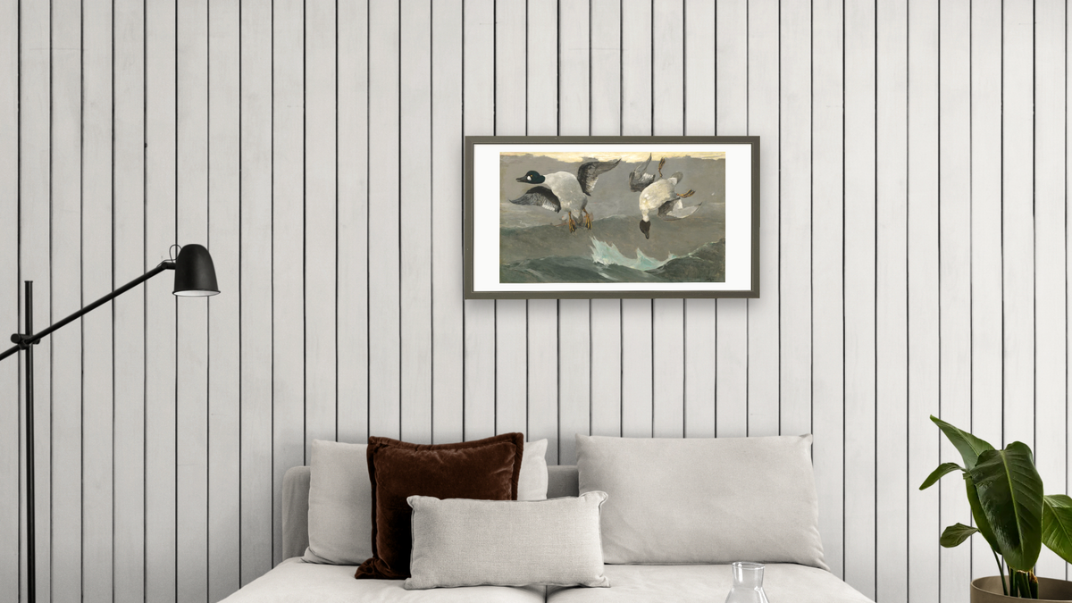 Right and Left by Winslow Homer, shown at 20 × 40 in (50.8 × 101.6 cm) in Ramino Satin Black, living