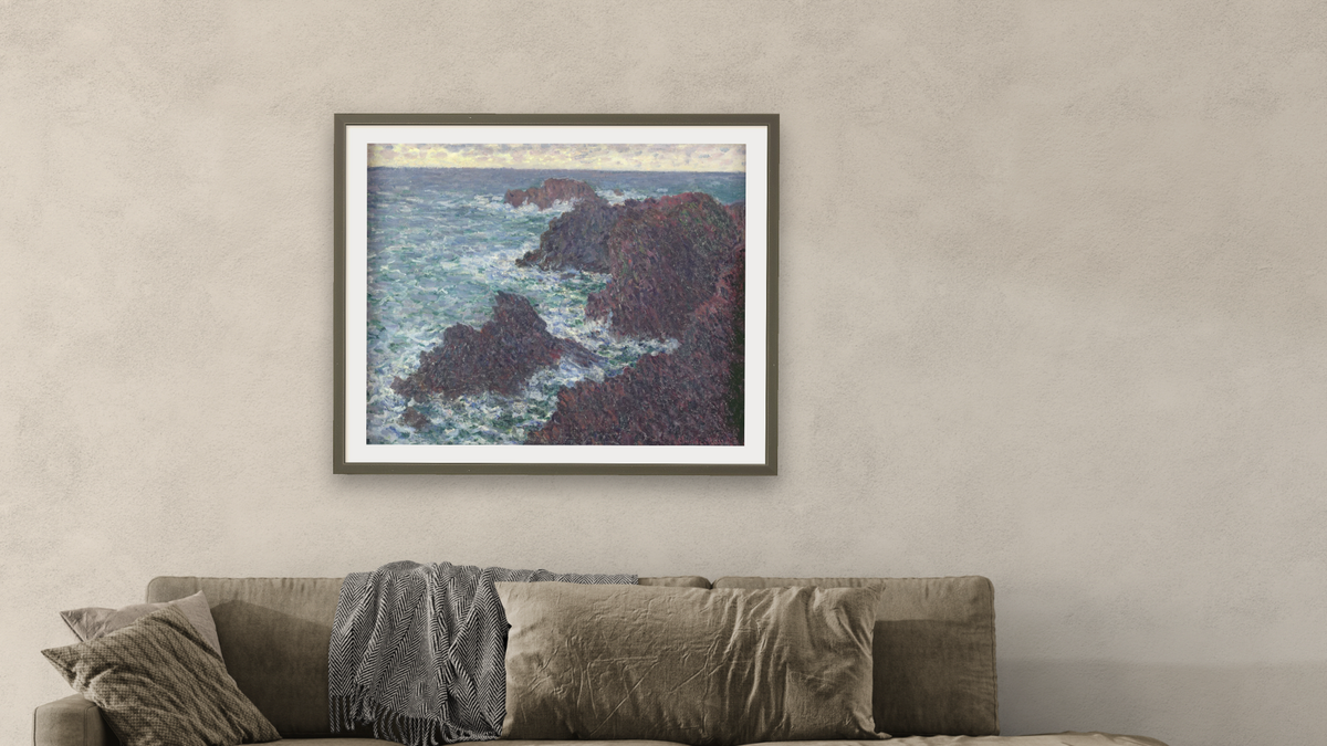 The Rocks at Belle Ile, the Wild Coast by Claude Monet, shown at 32 × 40 in (81.3 × 101.6 cm) in Ramino Satin Black, living