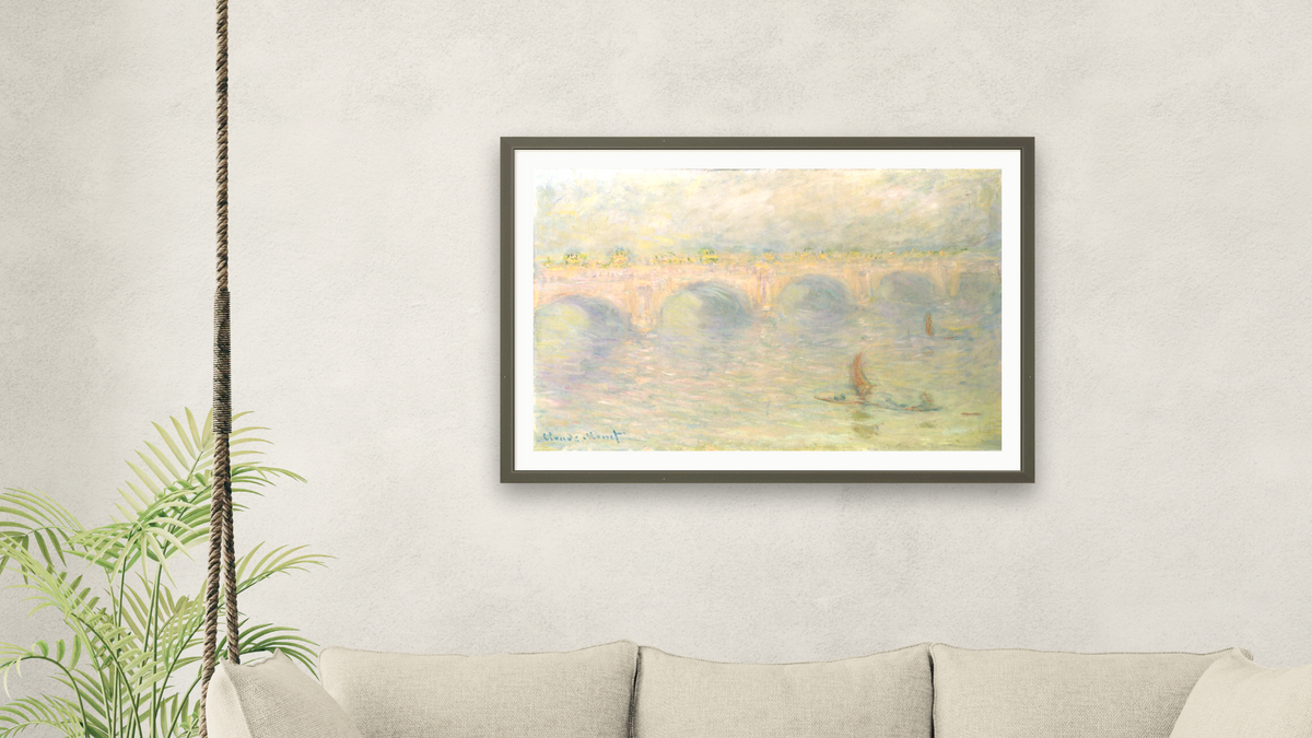 Waterloo Bridge (Light Effects) by Claude Monet, shown at 28 × 42 in (71.1 × 106.7 cm) in Ramino Satin Black, living