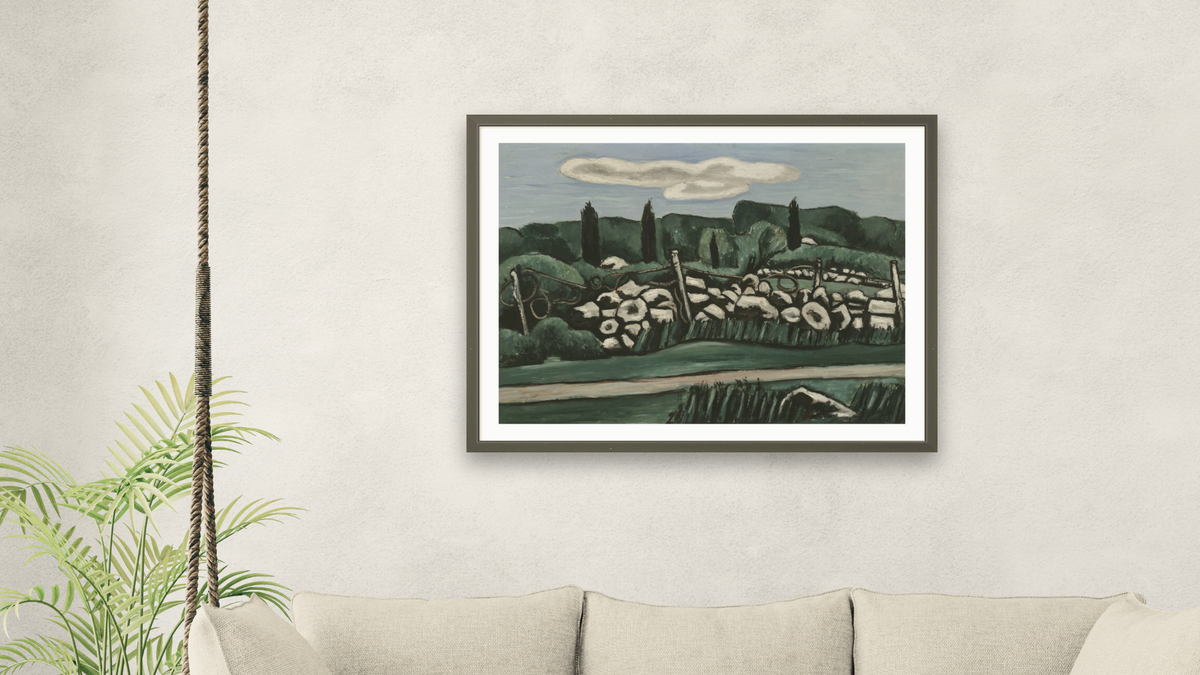 The Last Stone Walls, Dogtown by Marsden Hartley, shown at 30 × 40 in (76.2 × 101.6 cm) in Ramino Satin Black, living