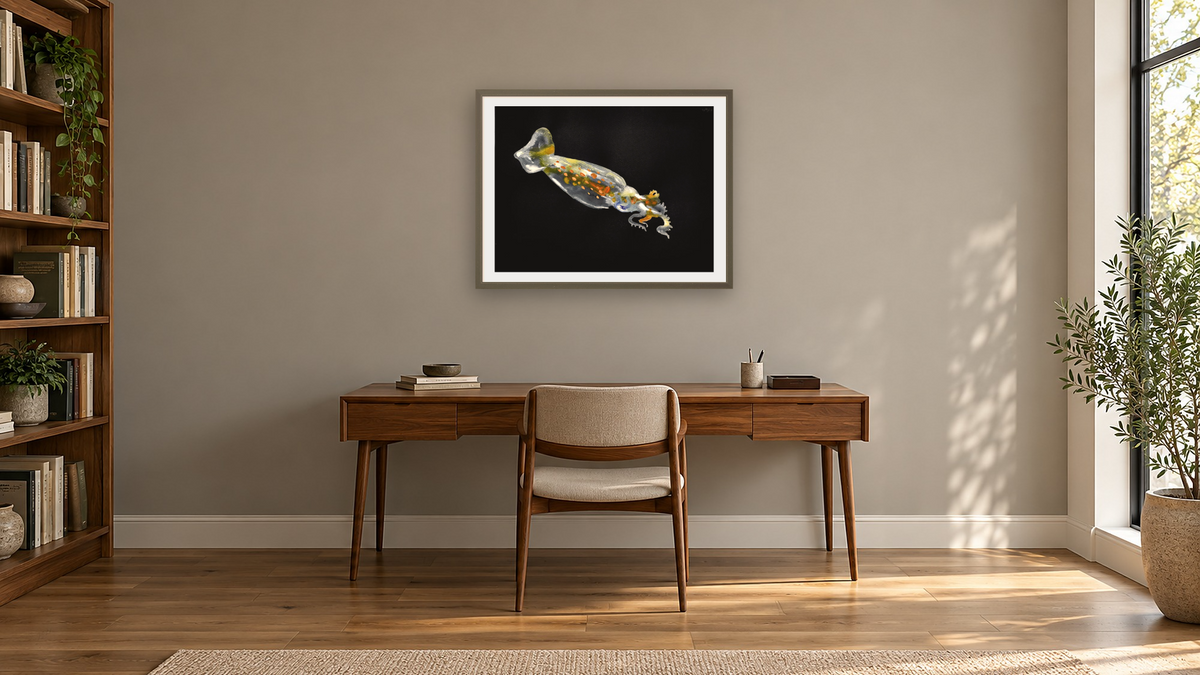 Squid by Alexis Rockman, shown at 30 × 40 in (76.2 × 101.6 cm) in Ramino Satin Black, library