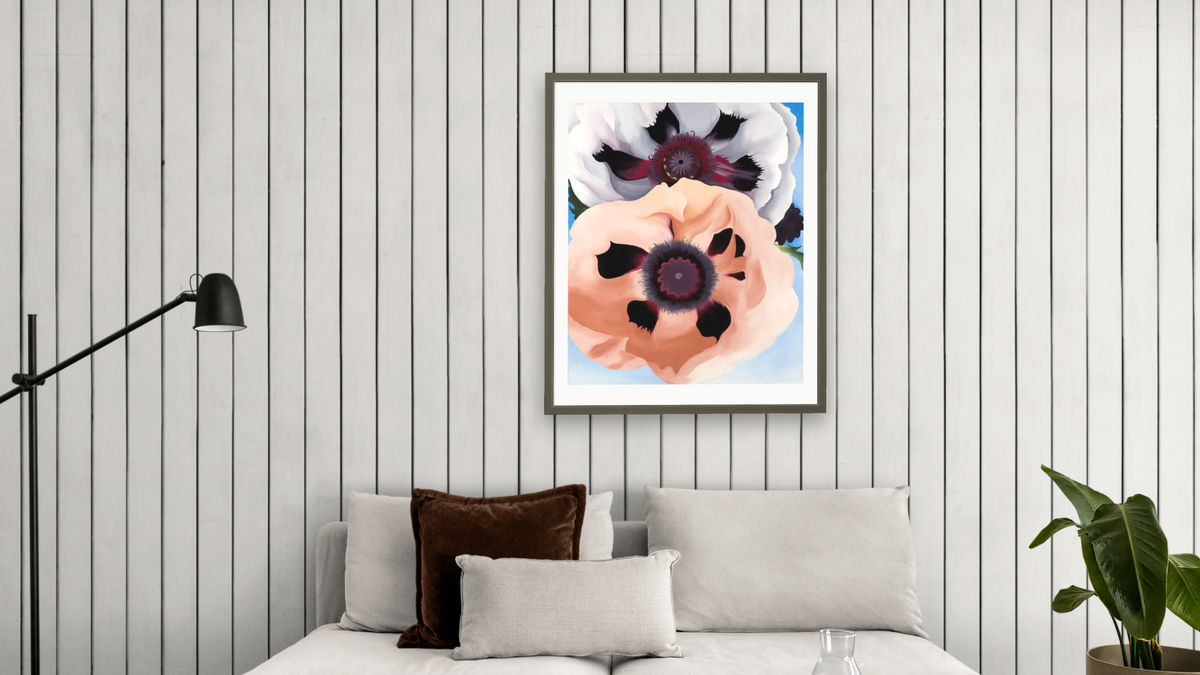 Poppies by Georgia O'Keeffe, shown at 32 × 40 in (81.3 × 101.6 cm) in Ramino Satin Black, living