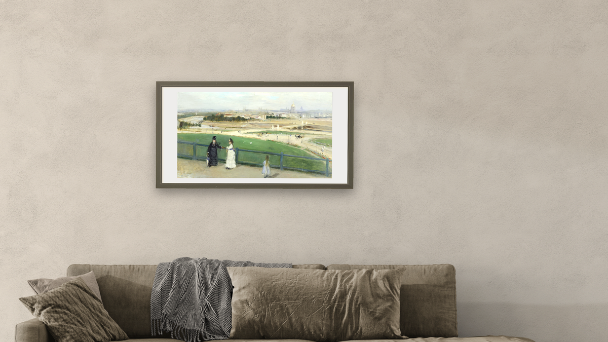 View of Paris from the heights of the Trocadero by Berthe Morisot, shown at 20 × 40 in (50.8 × 101.6 cm) in Ramino Satin Black, living