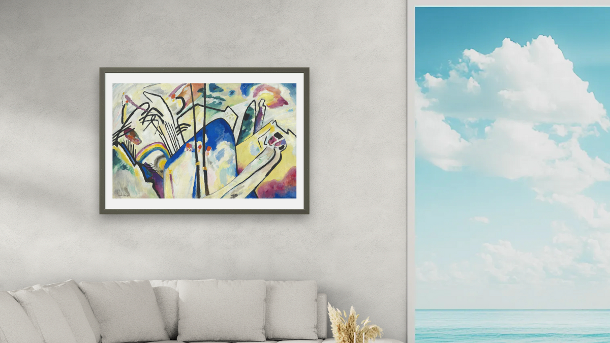 Composition IV by Wassily Kandinsky, shown at 28 × 42 in (71.1 × 106.7 cm) in Ramino Satin Black, living