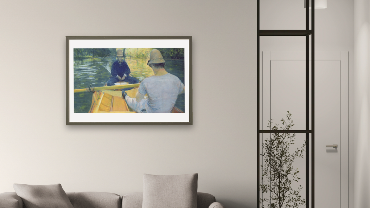 Boaters on the Yerres by Gustave Caillebotte, shown at 28 × 42 in (71.1 × 106.7 cm) in Ramino Satin Black, living