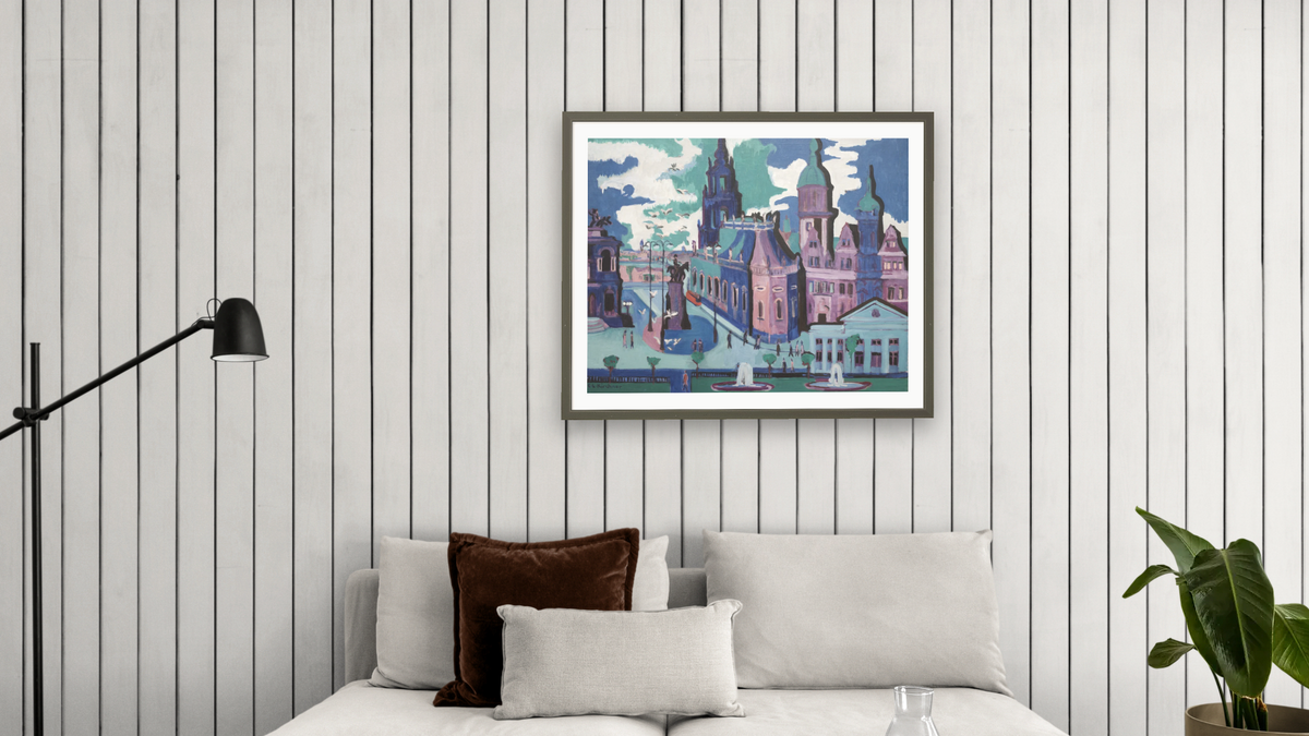 View of Dresden:  Schlossplatz by Ernst Ludwig Kirchner, shown at 32 × 40 in (81.3 × 101.6 cm) in Ramino Satin Black, living